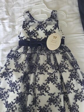 American Princess Navy and White Floral Lace Bow Dress